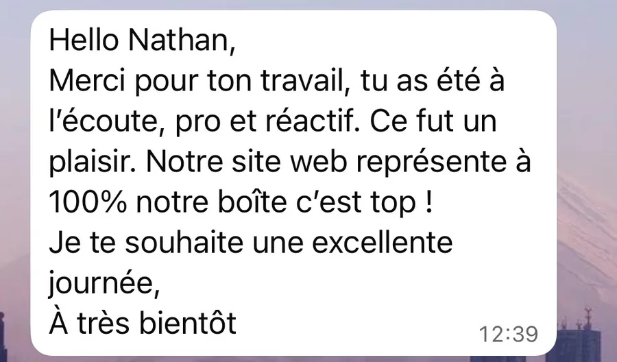 Message de remerciement d'un client d'Essoria reçu par WhatsApp